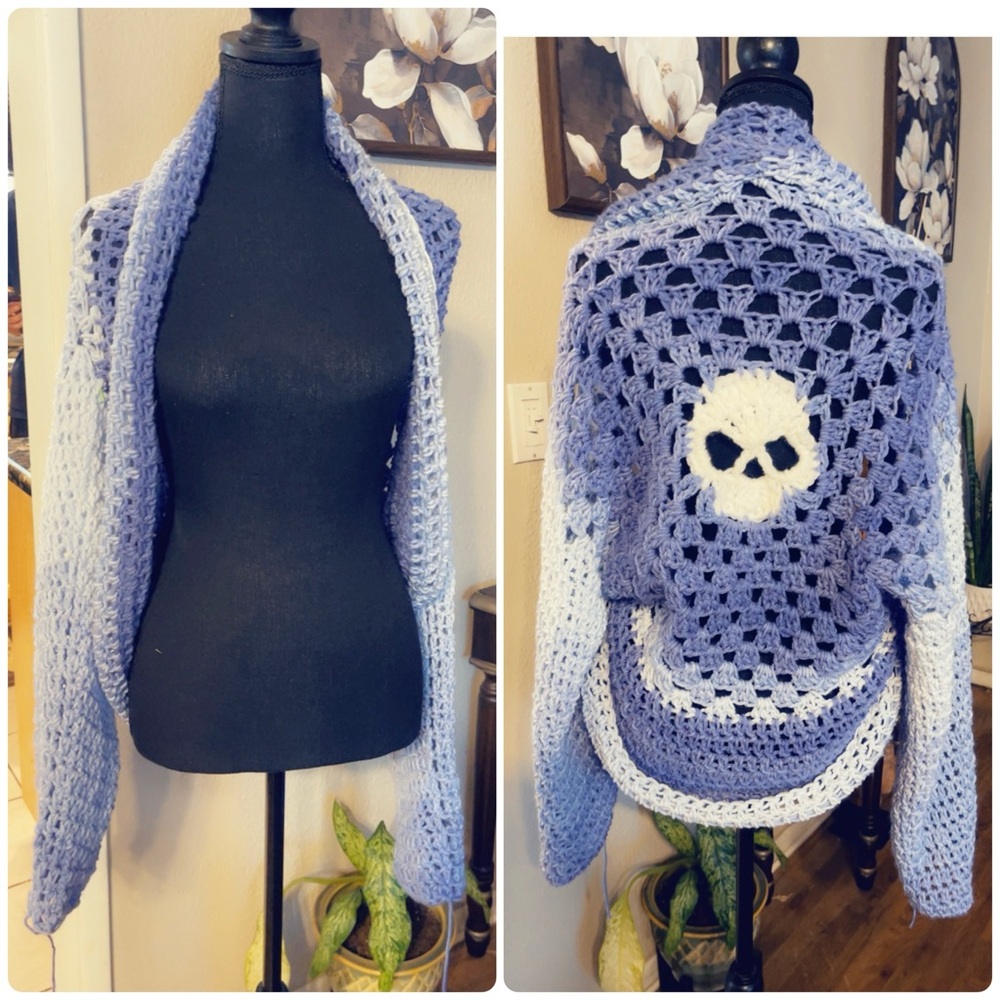 Handmade Skull Crochet Sweater - Blue and White
